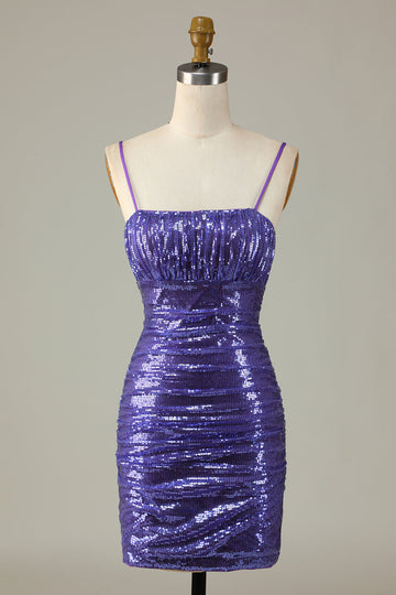 Sparkly Purple Sequins Spaghetti Straps Tight Short Formal Dress